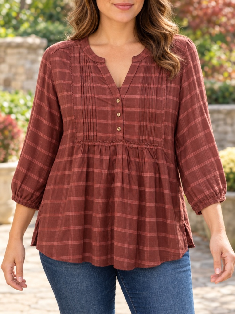 Wrangler Womens Large Rust Plaid Pintuck Blouse 3/4 Sleeve Boho Top 100% Viscose